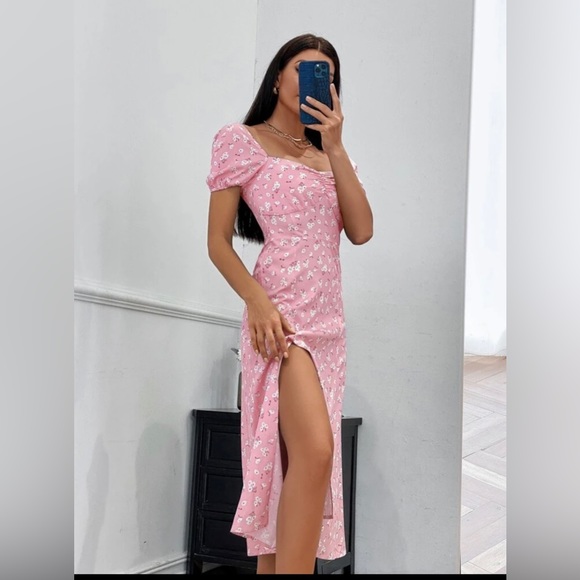 SHEIN VCAY Ditsy Floral Print Split Hem Dress - Picture 4 of 5